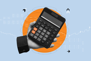 Business and financial concept. Hand holding a black calculator against a background with abstract...