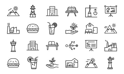 Minimal Line Icons Set Featuring Business, Office, Food, Environment, and Travel Elements – Modern Vector Symbols for UI/UX, Apps, Websites and Infographics"