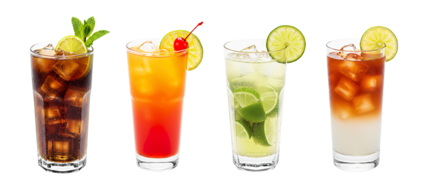Cuba Libre, Rum Punch, Caipirinha, Dark and Stormy cocktail transparent PNG set bundle, isolated background. Colorful vibrant refreshing summer cocktails with garnish, bar menu drinks