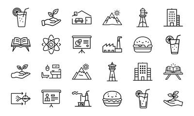 Minimal Line Icons Set Featuring Business, Office, Food, Environment, and Travel Elements – Modern Vector Symbols for UI/UX, Apps, Websites and Infographics"