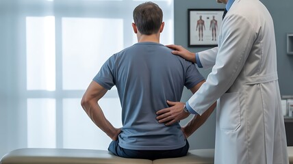 Fototapeta premium Doctor examining patients back for pain, providing medical care and support in a clinic setting, focusing on health, wellness, and treatment of spine problems