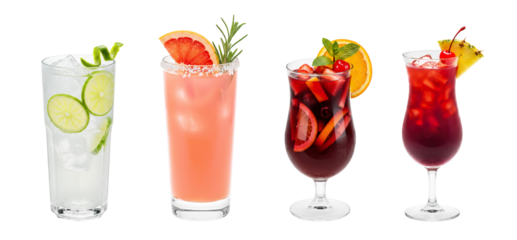 Gin Rickey, Salty Dog, Sangria, Zombie Punch cocktail transparent PNG set bundle, isolated background. Colorful refreshing summer cocktails with garnish, bar menu drinks