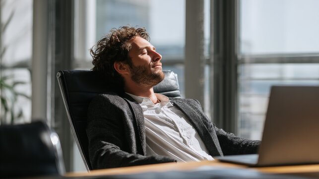 Businessman relaxing in modern office urban setting lifestyle image calm environment