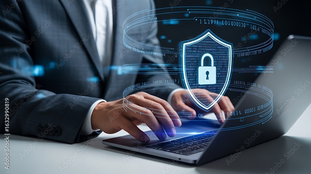 Poster cybersecurity concept with a person typing on a laptop, emphasizing data protection, privacy, and in