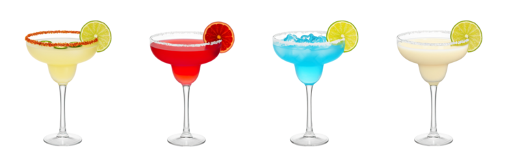 Spicy Jalapeno, Blood Orange, Blue, Frozen Margarita cocktail transparent PNG set bundle, isolated background. Colorful exotic refreshing summer cocktails with garnish, bar menu drinks