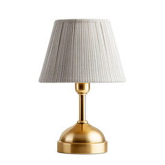 A modern table lamp with a gold base and white pleated shade, ideal for home interior lighting and decor.