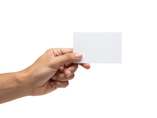 Obraz premium Close up of a person s hand holding a blank white square card for text or design isolated on transparent background