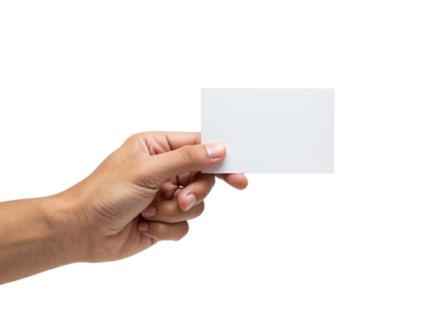 Close up of a person s hand holding a blank white square card for text or design isolated on transparent background