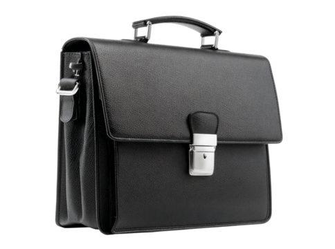 Elegant black leather briefcase professional business attache case, Isolated On White, Transparent Background, Png Cut Out