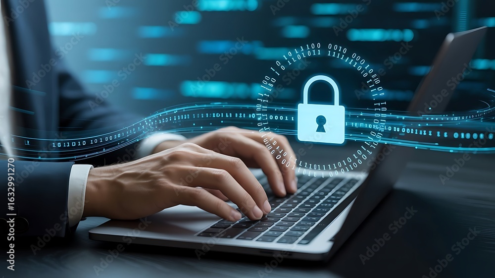 Poster cybersecurity concept showcasing data protection and internet security with a padlock icon, emphasiz