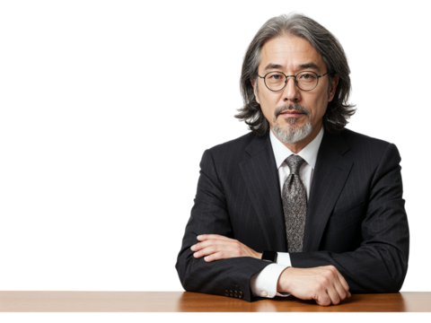 Serious asian businessman with glasses and graying hair wearing a suit and tie sitting at a desk isolated on transparent background