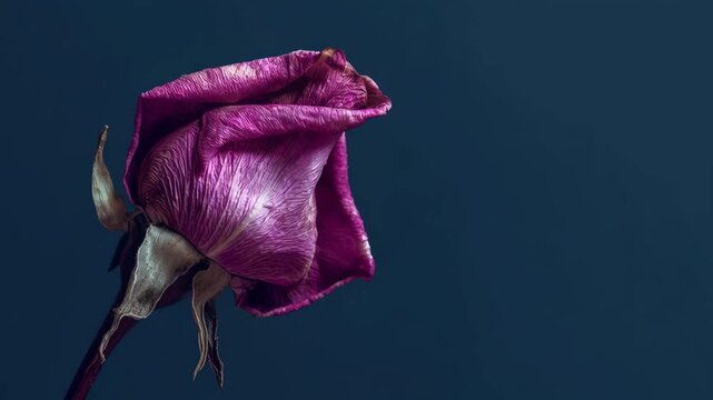 Dark wilted purple rose flower close up with falling petal and spirit of fading beauty isolated single stem nature decay texture