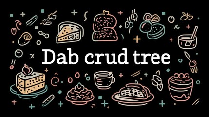 Whimsical line-art of diverse desserts on black, plus 'Dab crud tree' text in bold