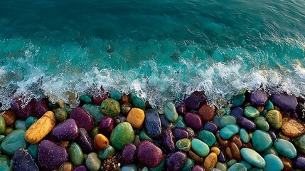 Colorful Pebbles and Crashing Turquoise Ocean Waves