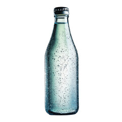 A glass bottle of clear liquid, condensation visible