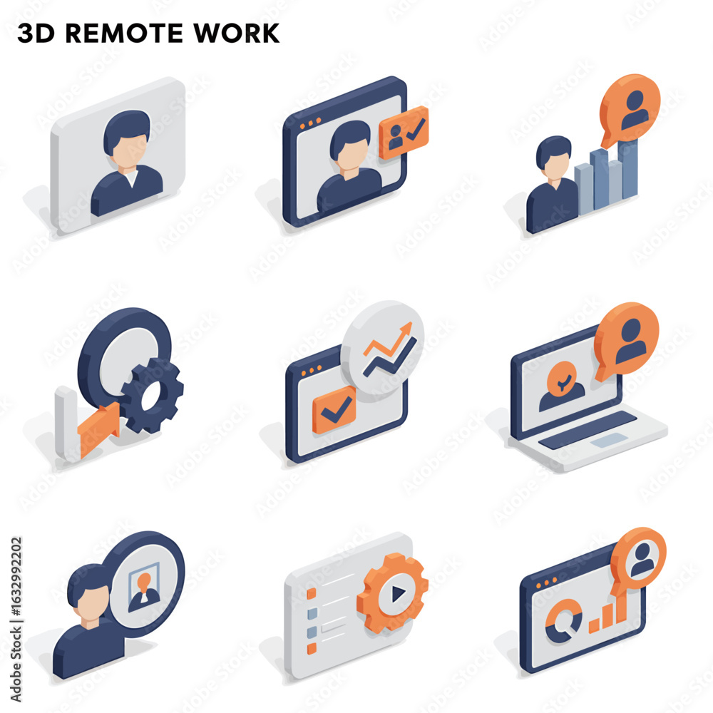 Poster 3d illustrations of remote work concepts user profiles analytics and productivity