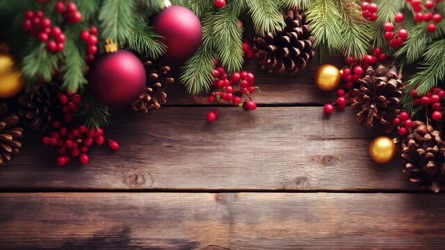 Festive Christmas Background with Ornaments, Pine Cones, and Holly on Rustic Wooden Surface