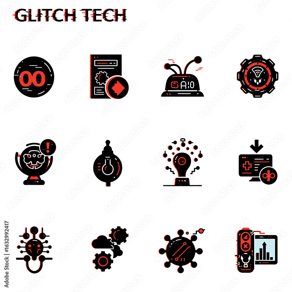 Poster a collage of 12 icons representing glitch tech and ai concepts