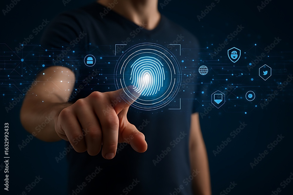 Poster digital fingerprint scan on a touch screen, representing biometric security, data protection, and se