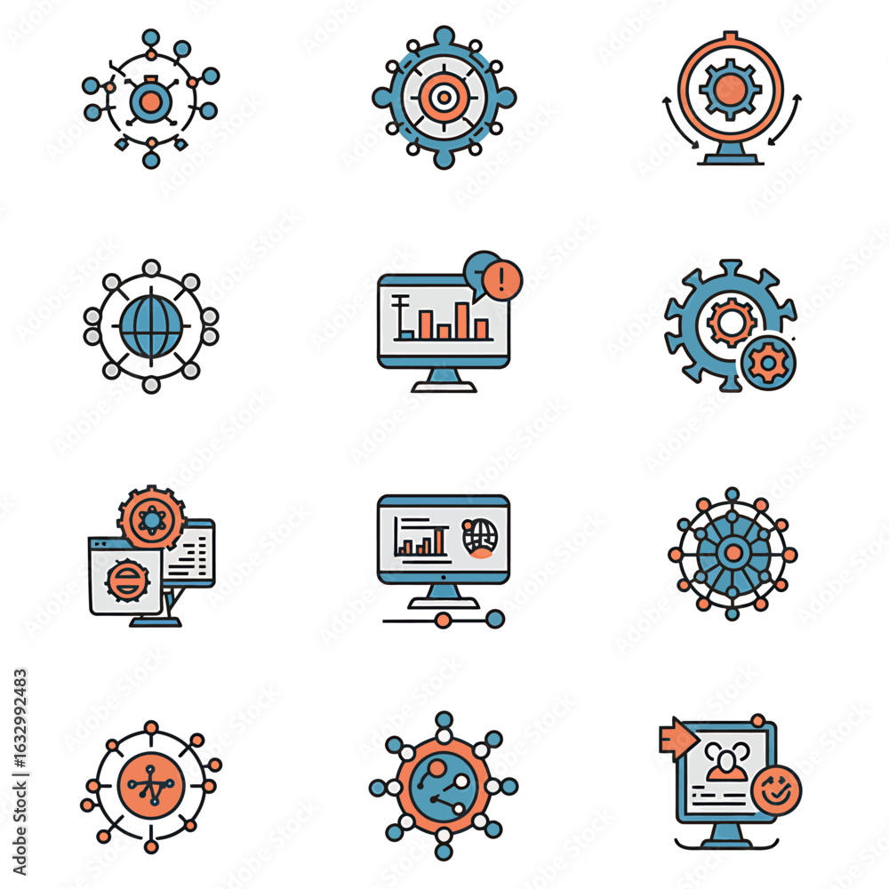 Poster a collection of 12 vector icons illustrating business technology and data concepts