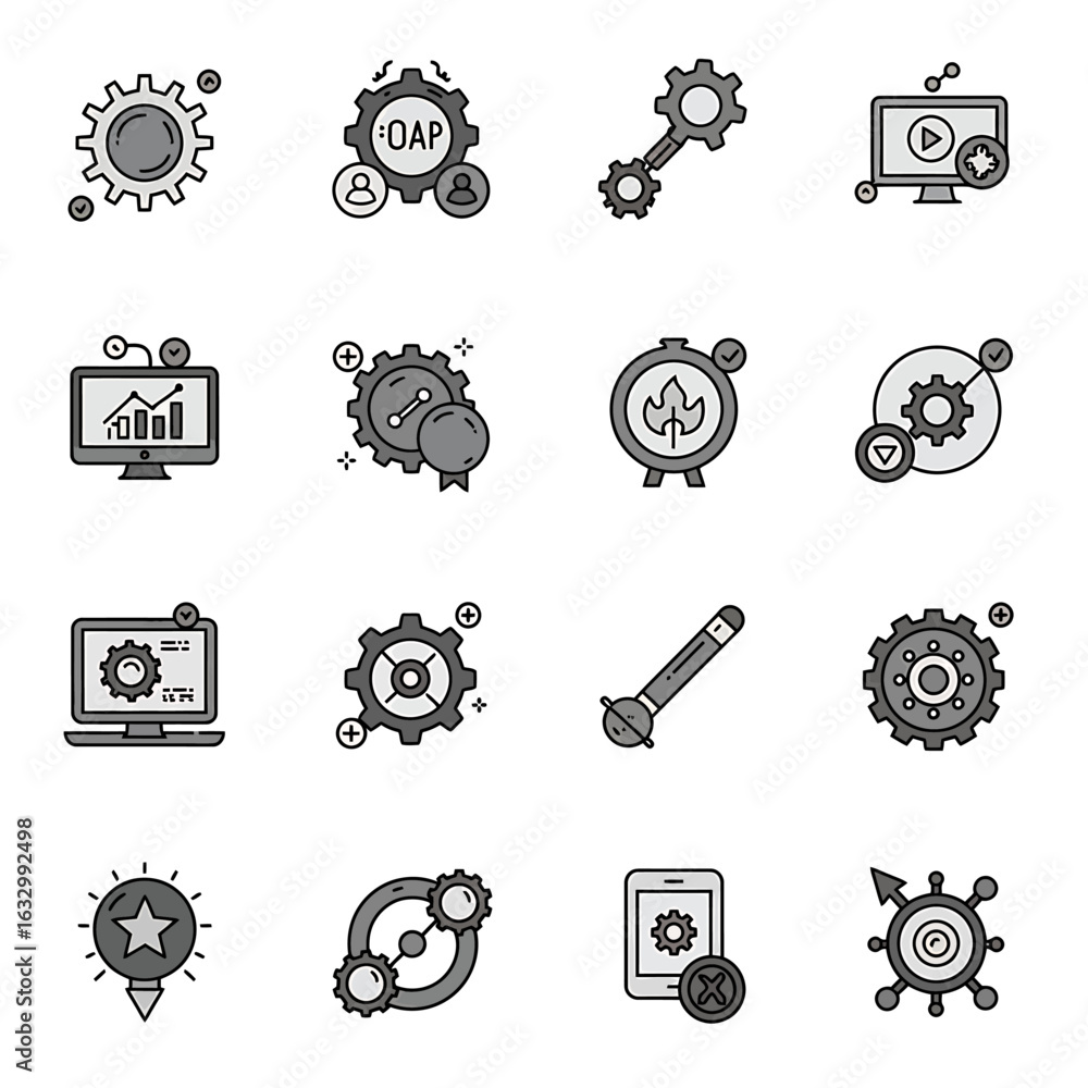 Poster a collection of 16 monochrome icons depicting gears computers and abstract shapes