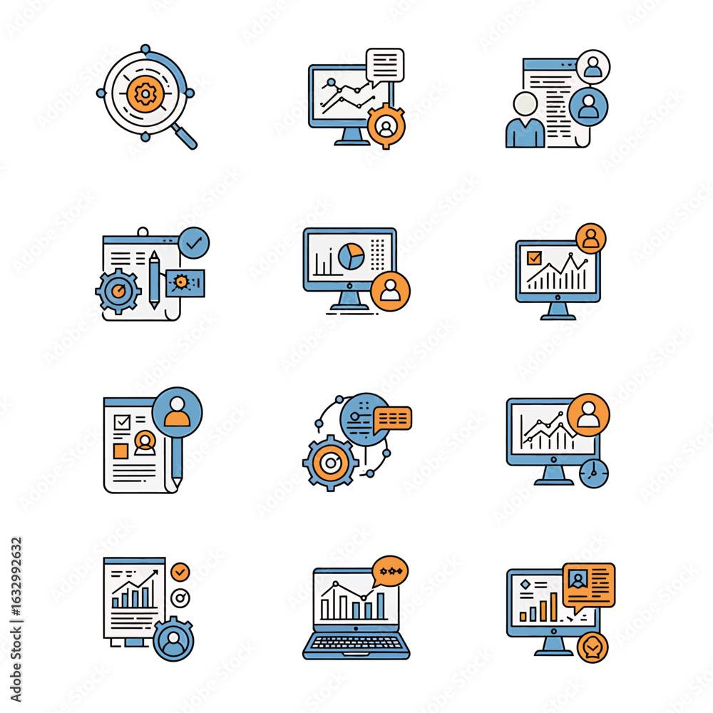 Poster a grid of 9 flat design icons related to business analysis and data