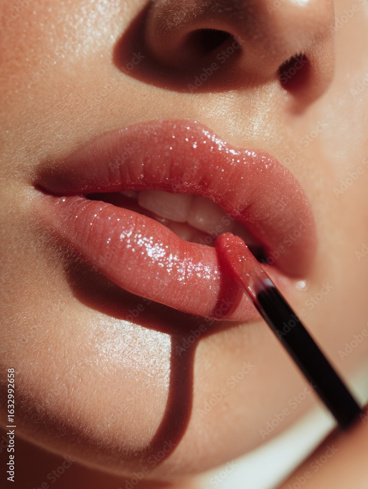 Aufkleber model applying lip gloss with sharp focus on lips and a soft bokeh background enhancing the beauty o