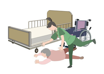 老人が介護用ベットの前で車椅子から転倒し慌てて介助に入る介護士のカラーイラスト