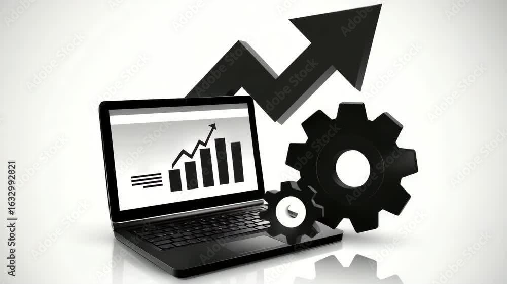 Poster laptop displaying growth chart and gears representing business progress and analytics solutions