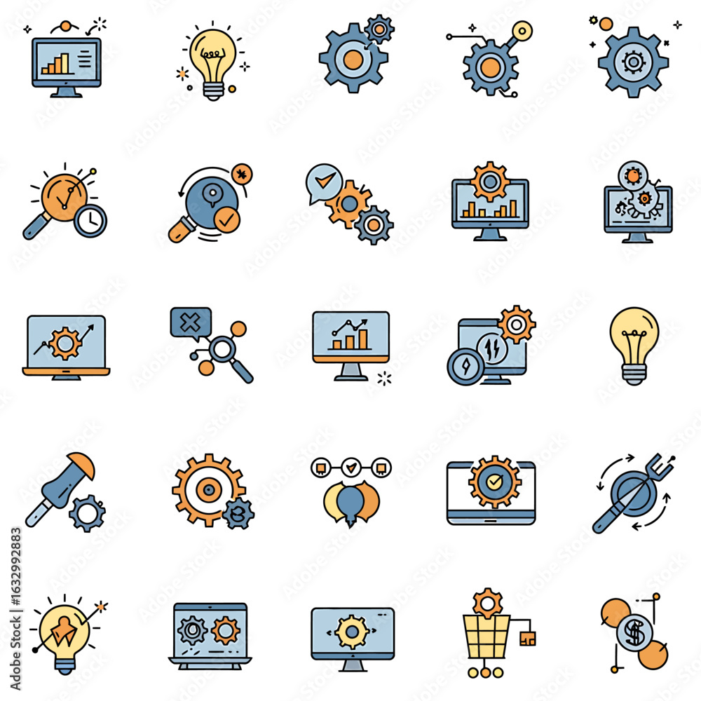 Poster a grid of 25 colorful flat design icons representing business and technology concepts