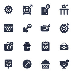 A grid of 16 dark blue business and finance icons on a white background