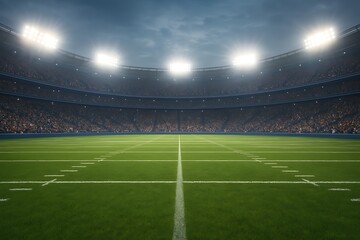 Fototapeta premium A vibrant football stadium under bright lights, filled with cheering fans, capturing the excitement and energy of a night game