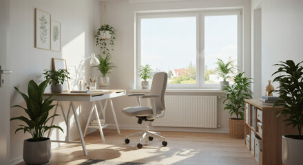 Tranquil and productive home office interior bathed in natural sunlight, featuring a contemporary desk, ergonomic chair, and thriving green plants, fostering a serene work-life balance.