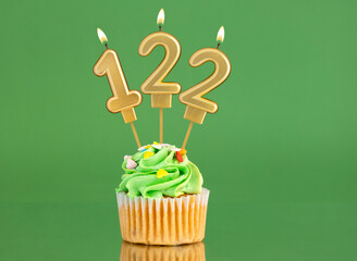 Number 122 birthday candle - Cupcake on a green background