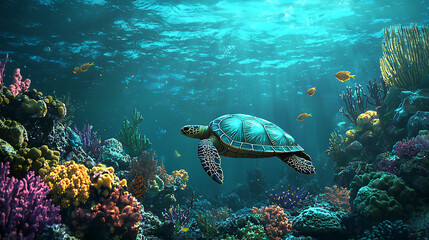 A turtle swims in a colorful ocean with fish swimming around it