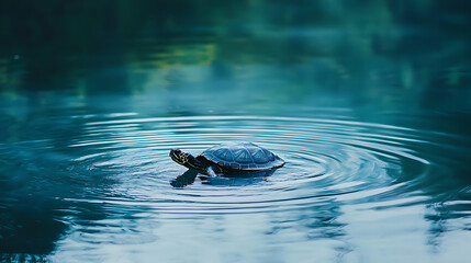 A turtle is swimming in a body of water
