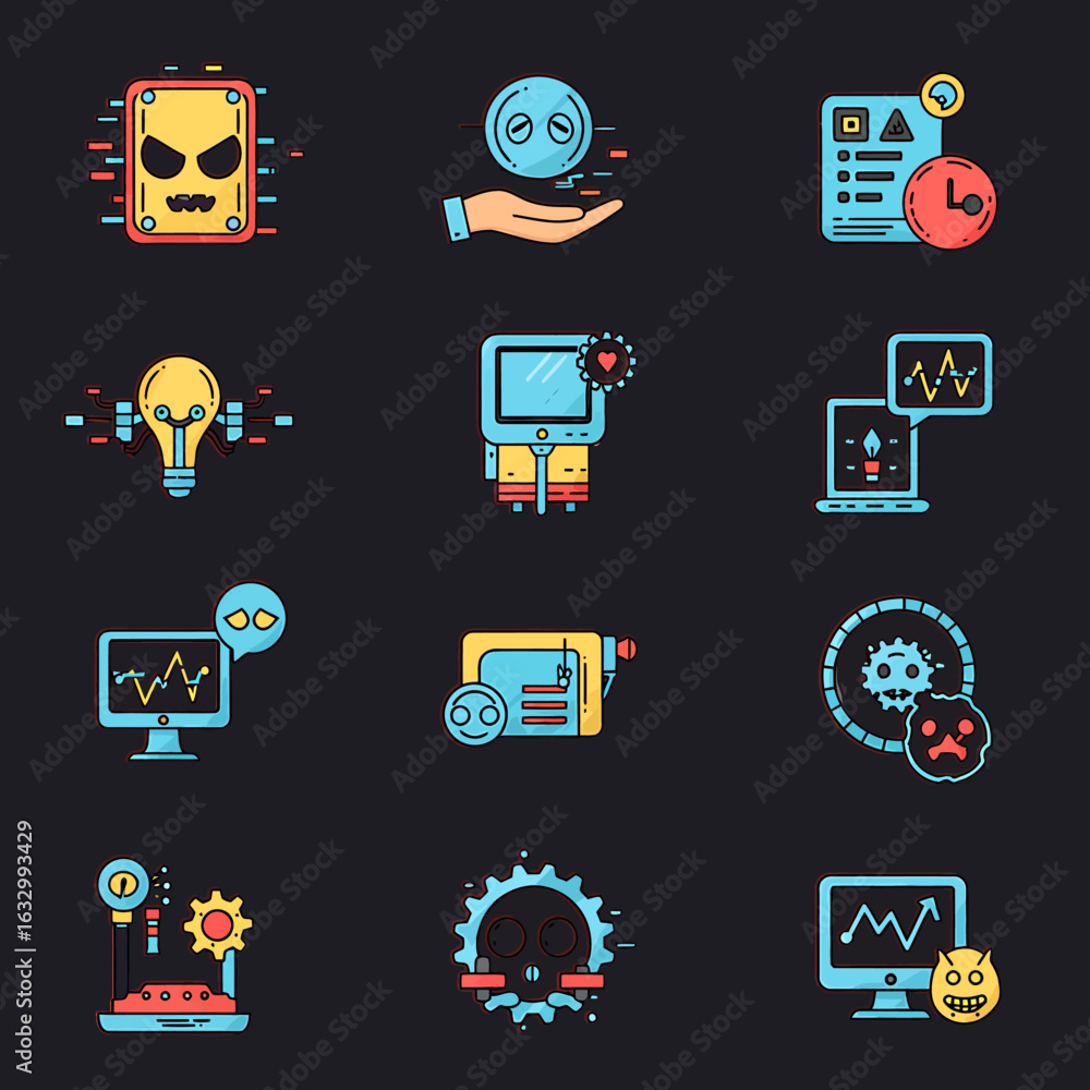 Poster collection of 12 distinct flat design icons against a dark background each representing technology o