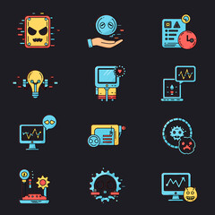 Collection of 12 distinct flat design icons against a dark background each representing technology or digital concepts