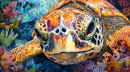 A turtle is painted in a colorful underwater scene