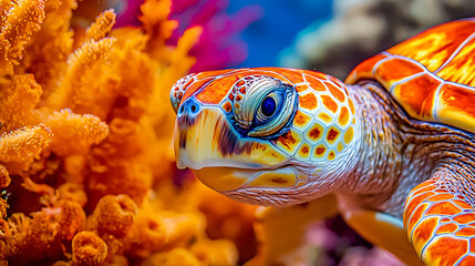A turtle is swimming in a coral reef with orange and pink colors