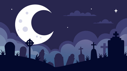 A cartoonish graveyard scene at night, with various gravestones and a large crescent moon in a sky filled with clouds and stars, giving it a spooky atmosphere.