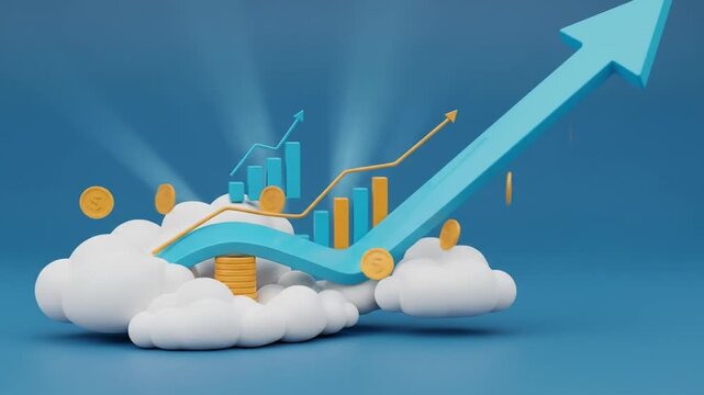 3D illustration of a blue arrow rising from clouds with a bar graph and coins celebrating Krishna janmashtami on a blue background