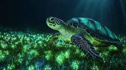 A turtle is swimming in a field of green grass