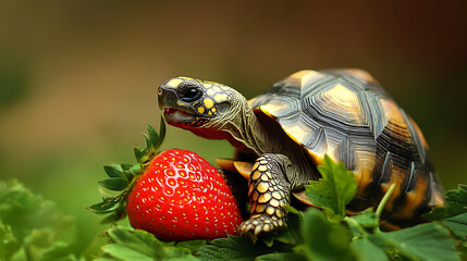 A baby turtle is eating a strawberry
