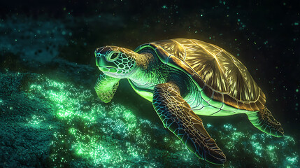 A turtle is swimming in the ocean with glowing green water