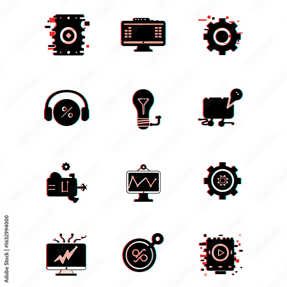 Poster glitched vector icons headphones with percentage lightbulb shopping cart computer monitor with graph