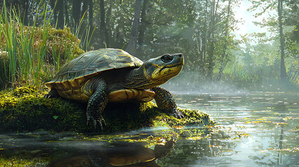 A turtle is sitting on a rock in a pond