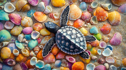 A turtle is laying on a beach with a variety of colorful shells