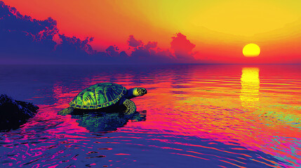 A turtle is swimming in a body of water with a sunset in the background