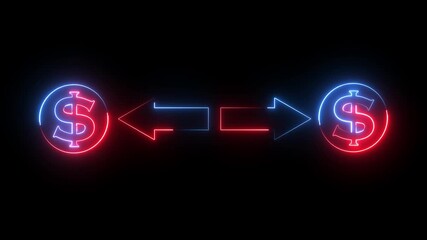 Glowing neon red and blue color line of dollar sign with right and left arrow icon animation business graph bar chart money profit finance success us currency sign symbol on black background - Powered by Adobe